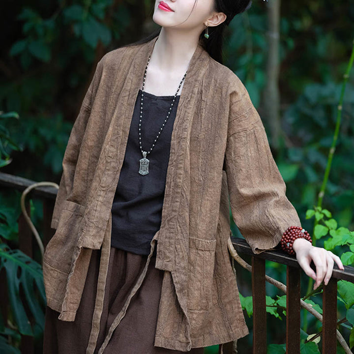 Buddha Stones Hanfu Design Three Quarter Sleeve Ramie Linen Coat Open Front Top Jacket