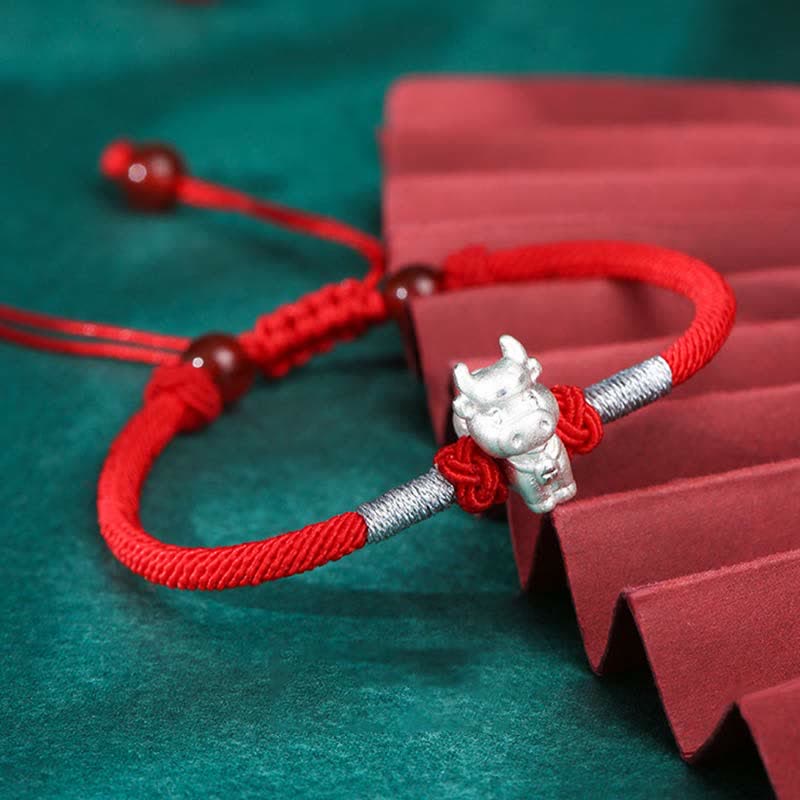 Buddha Stones 999 Sterling Silver Chinese Zodiac Luck Strength Red String Bracelet - Ox(Bracelet Size 15.5cm+8cm) - image 5