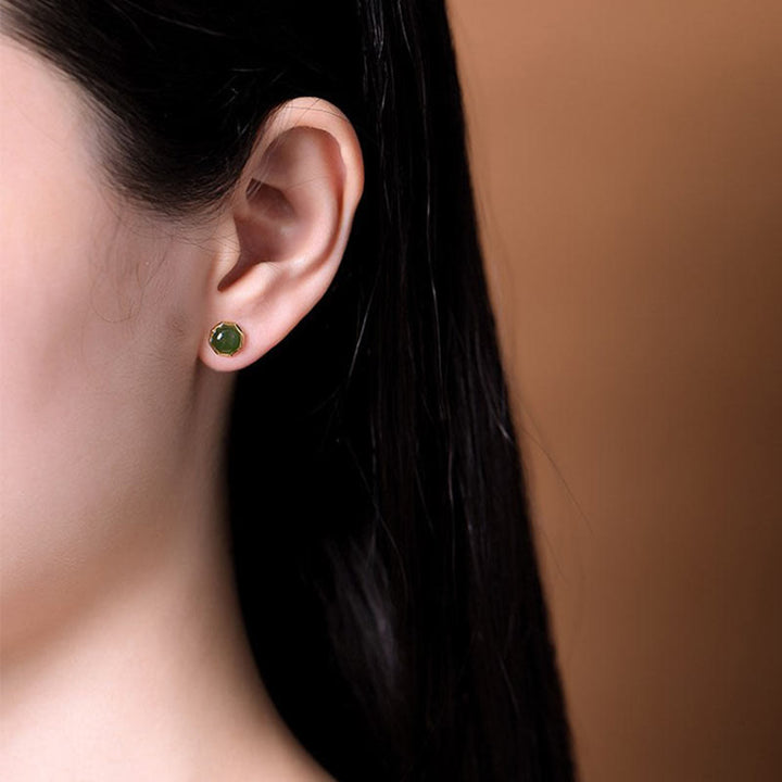 Buddha Stones 925 Sterling Silver Plated Gold Natural Hetian Cyan Jade Bead Luck Stud Earrings - image 6