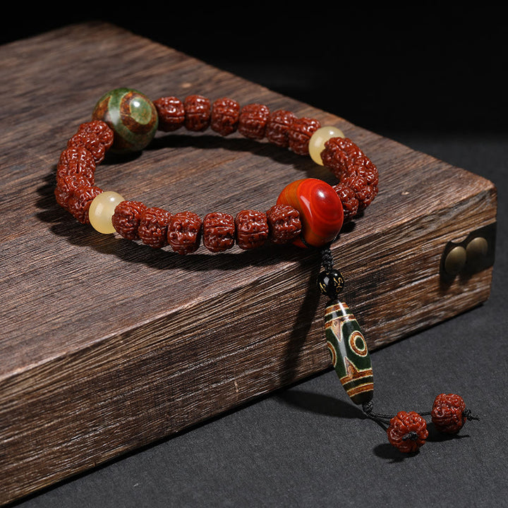 Buddha Stones Tibet Rudraksha Bodhi Seed Dzi Bead Lucky Cat Dancing Lion Wealth Bracelet Wrist Mala