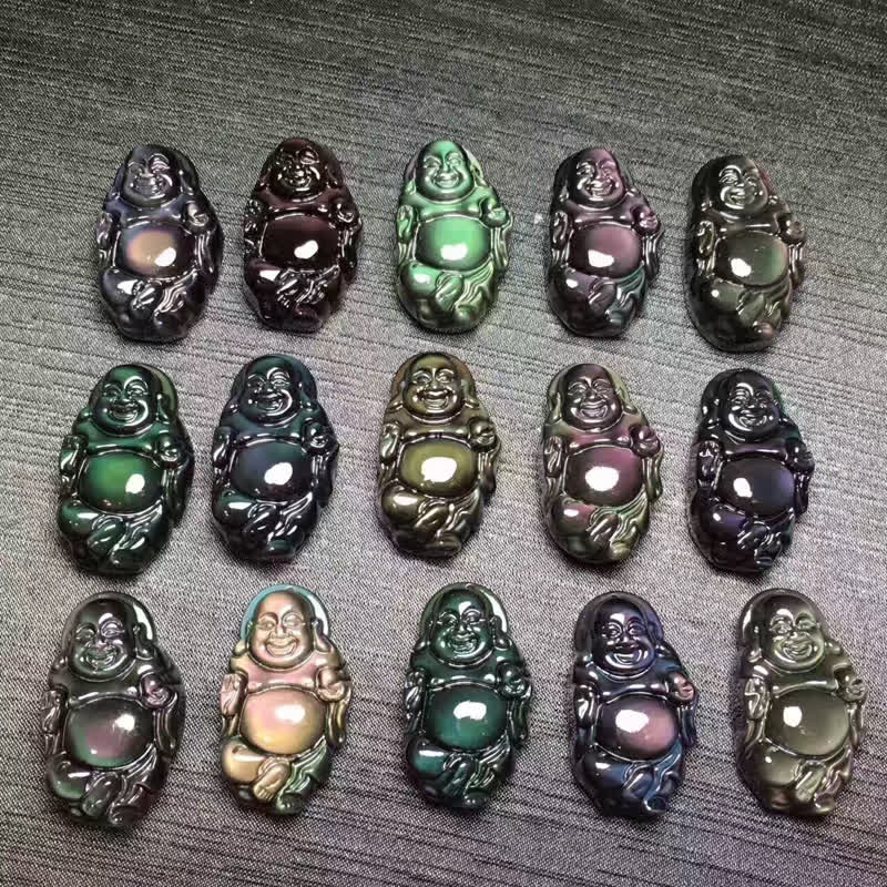 Natural Rainbow Obsidian Laughing Buddha Inner Peace Necklace Pendant