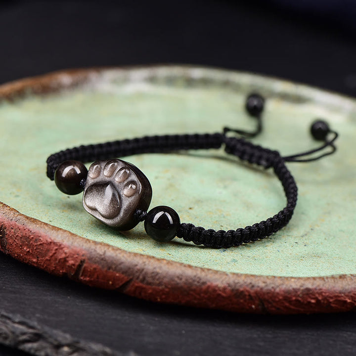 Buddha Stones Natural Silver Sheen Obsidian Gold Sheen Obsidian Cute Cat Paw Claw Protection Rope Bracelet - image 8