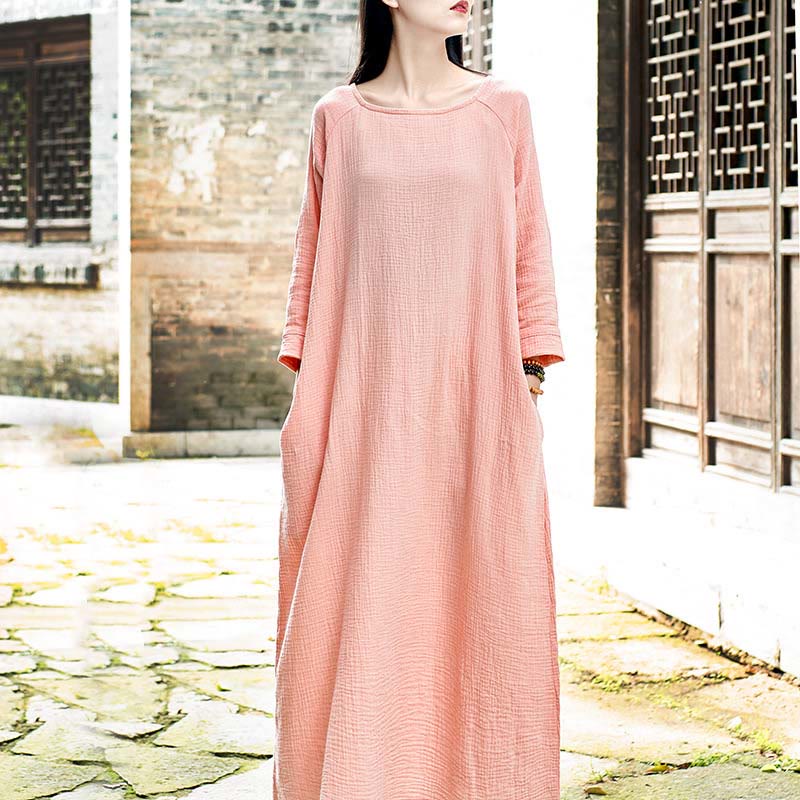 Buddha Stones Simple Midi Dress Cotton Linen Zen Tunic Dress With Pockets