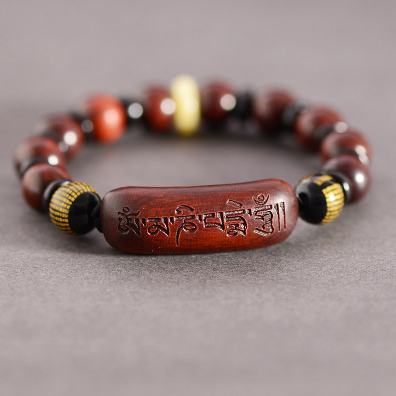 Buddha Stones Small Leaf Red Sandalwood Om Mani Padme Hum Engraved Protection Bracelet