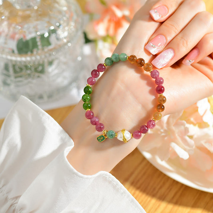 Buddha Stones Natural Multicolored Tourmaline Pearl Auspicious Character Charm Wisdom Bracelet