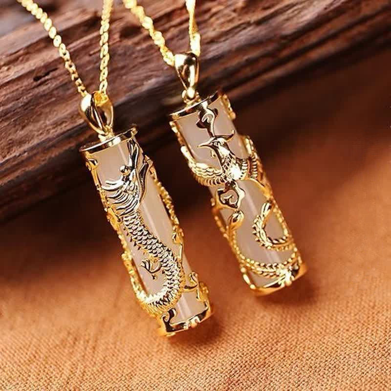 Buddha Stones Jade Dragon Phoenix Copper Blessing Harmony Necklace Pendant - image 6