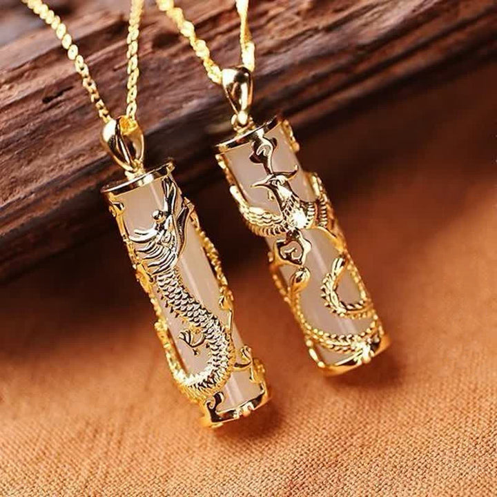 Buddha Stones Jade Dragon Phoenix Copper Blessing Harmony Necklace Pendant - image 6