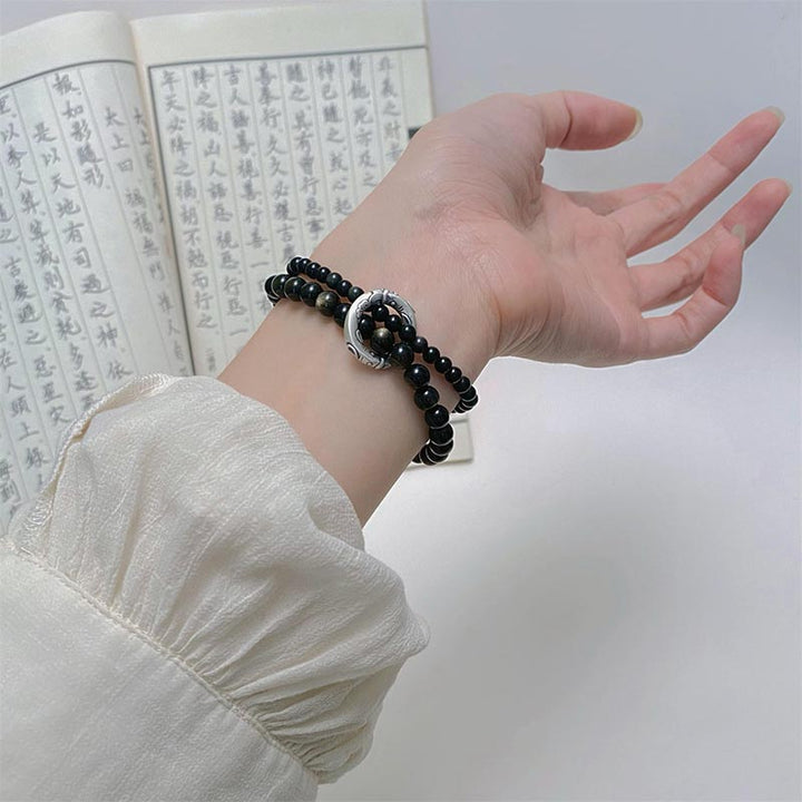 Buddha Stones 999 Sterling Silver Black Obsidian Fulfillment Strength Double Layer Bracelet