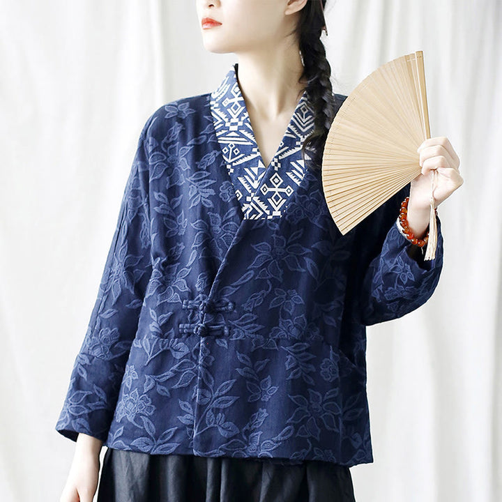 Buddha Stones Flower Jacquard V-Neck Long Sleeve Jacket