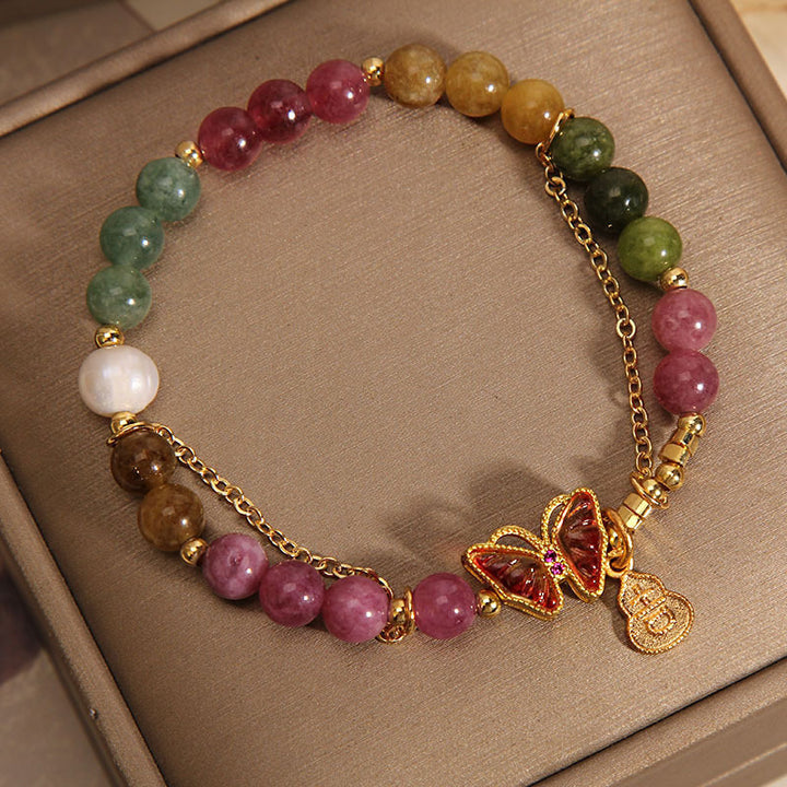 Buddha Stones Natural Colorful Tourmaline Butterfly Auspicious Character Gourd Charm Positive Bracelet