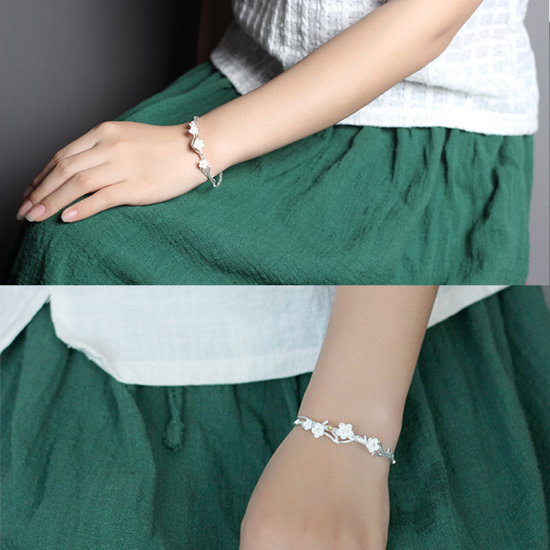 925 Sterling Silver Plum Flower Blessing Bracelet Adjustable Bangle - image 11