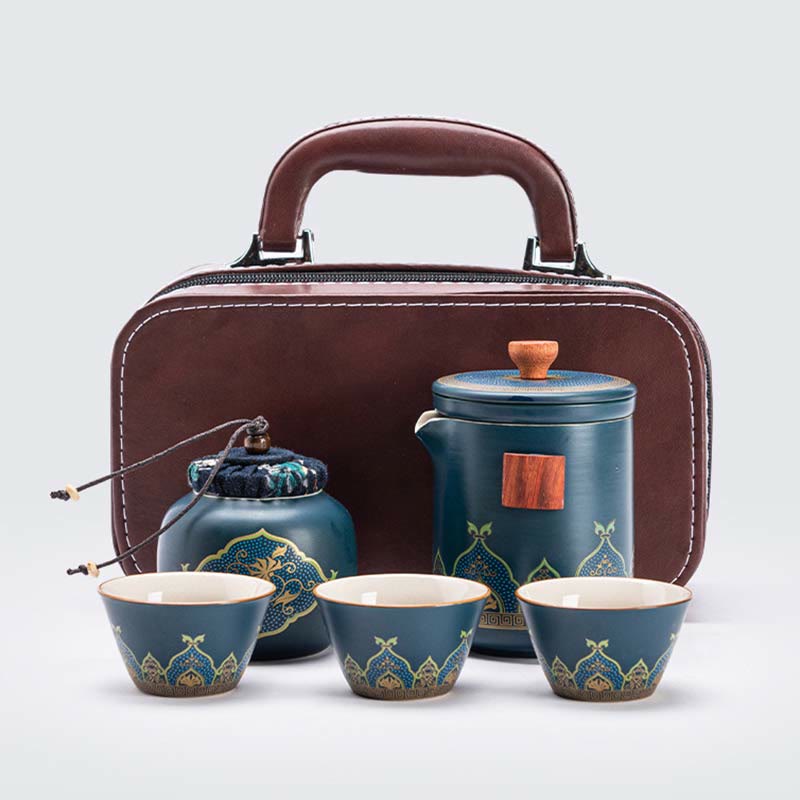 Flower Chinese Gongfu Ceramic Teapot Portable Outdoor Travel Tea Set Bag