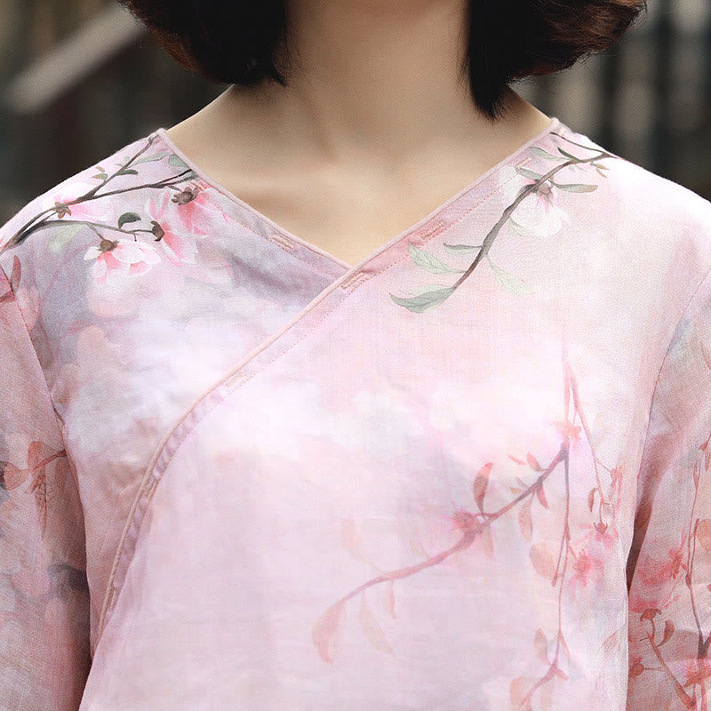 Buddha Stones V-Neck Pink Flower Pattern Ramie Linen Blouse Three Quarter Sleeve Shirt Top