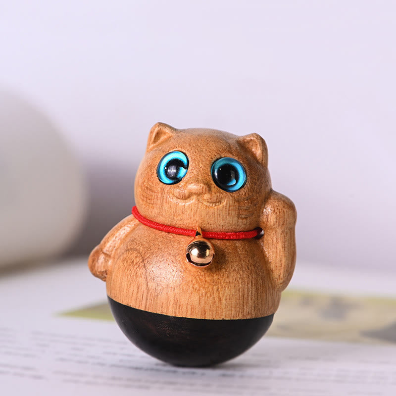 Buddha Stones Mini Lucky Cat Kitten Phoebe Zhennan Wood Blessing Decoration - 3.5*4.4cm - image 0