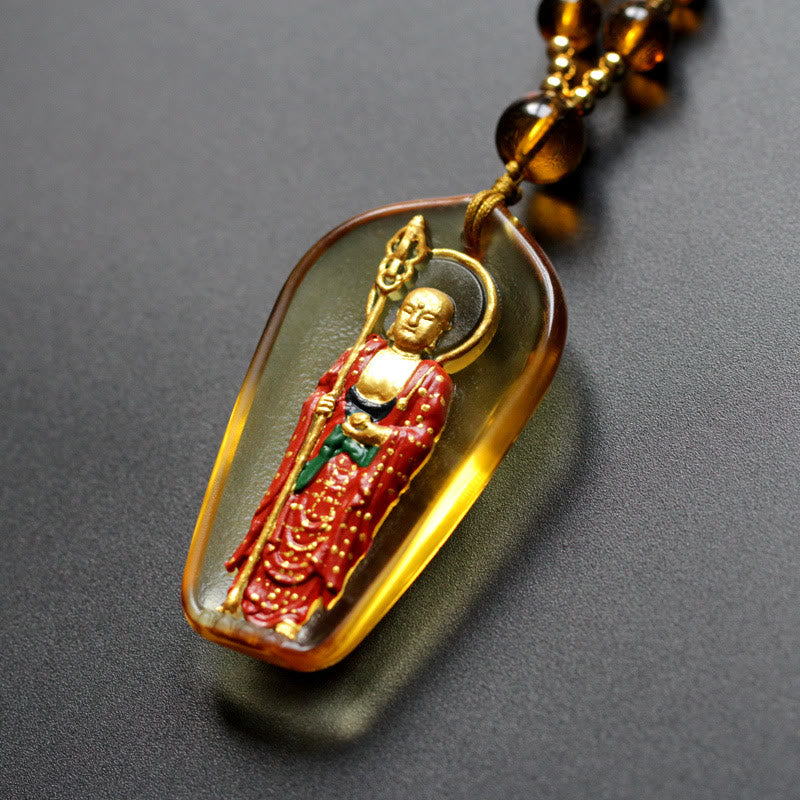 Buddha Stones Ksitigarbha Buddha Liuli Crystal Compassion Amulet Necklace Pendant - Yellow Standing Ksitigarbha - image 1