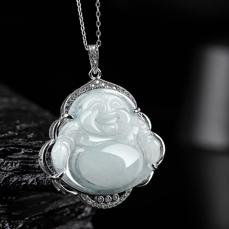 925 Sterling Silver Laughing Buddha Natural Jade Abundance Necklace Pendant - image 2