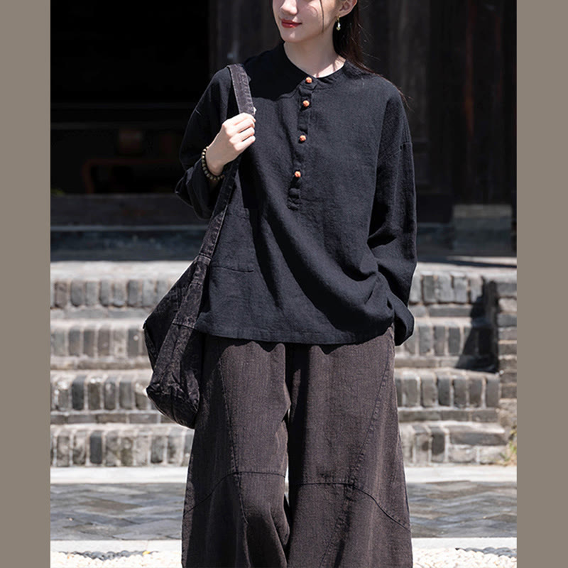 Buddha Stones Solid Color Loose Button Blouse Long Sleeve Shirt Top