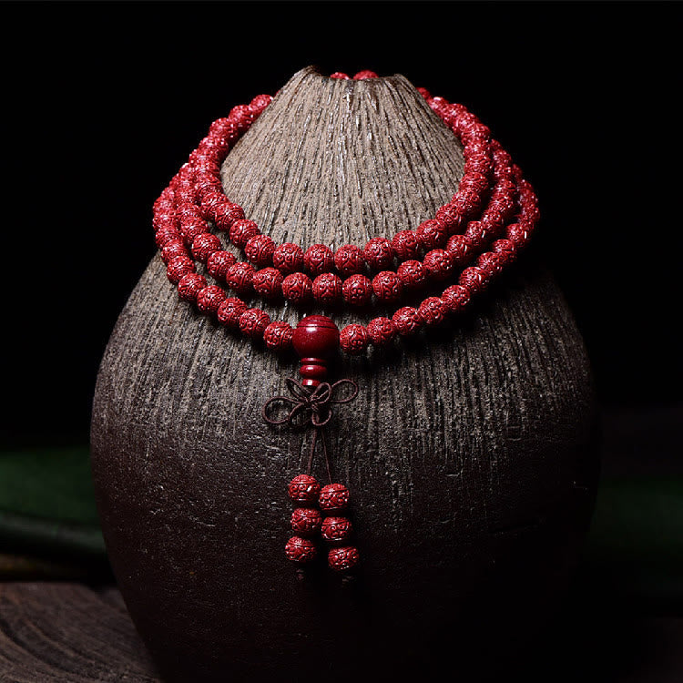Buddha Stones 108 Mala Beads Cinnabar Om Mani Padme Hum Pattern Engraved Blessing Bracelet - 6mm*108 Round Beads Engraved - image 0