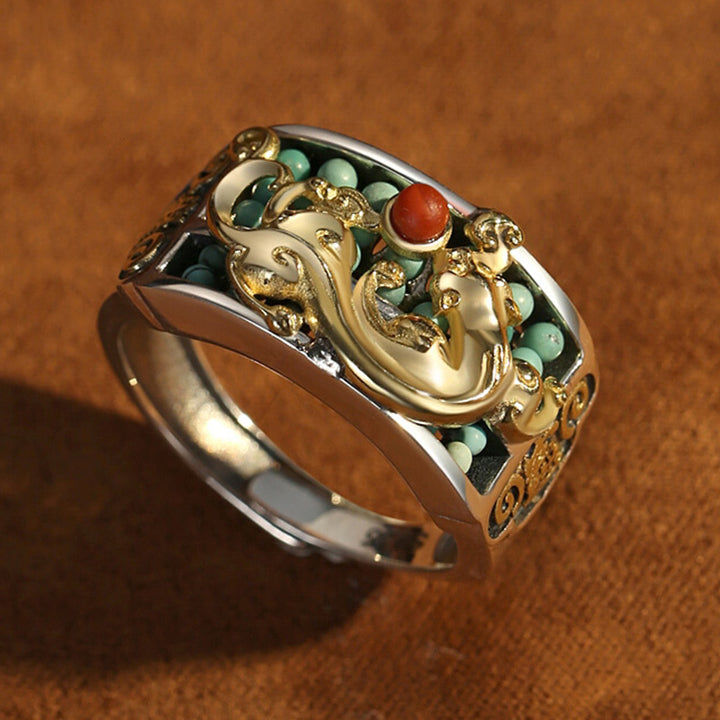 925 Sterling Silver Turquoise Red Agate PiXiu Abacus Protection Ring - image 6