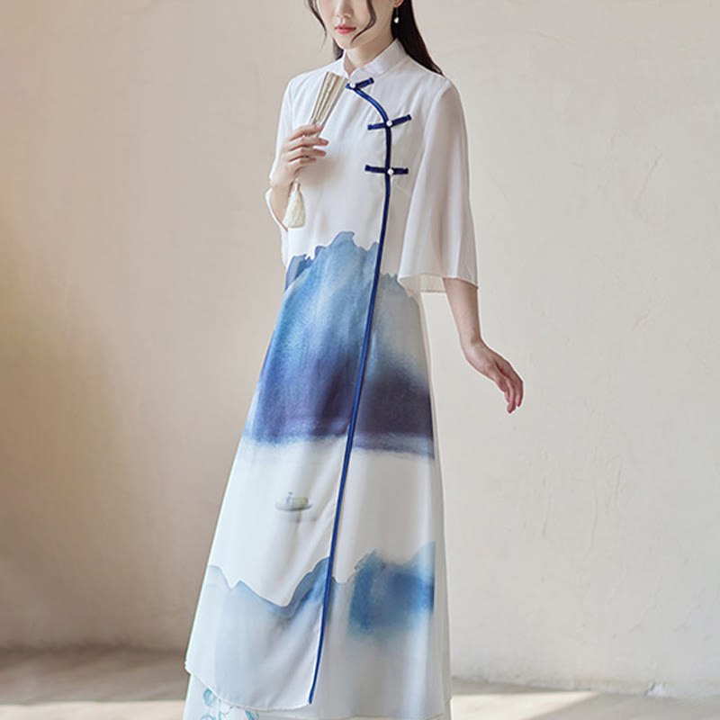 Buddha Stones Blue Landscape Painting Three Quarter Chinese Cheongsam Midi Dress