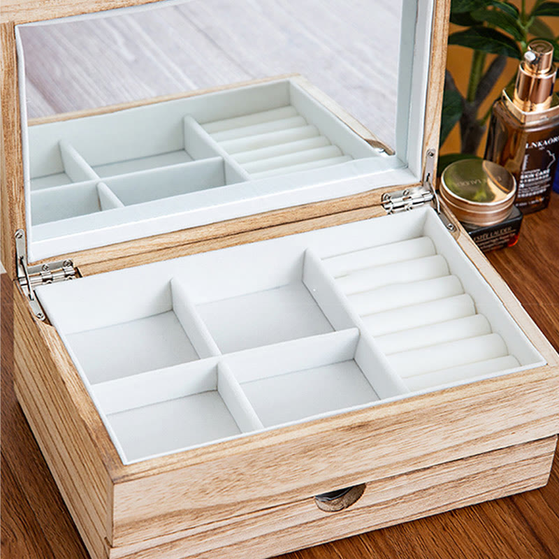 Buddha Stones Retro Beige Wooden Jewelry Box Two-Layer Jewelry Storage Box With Mirror - image 8