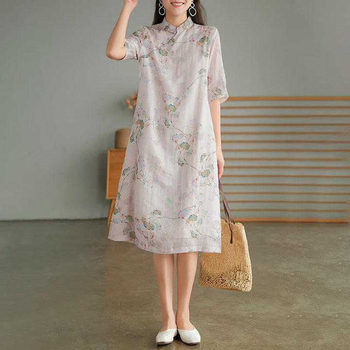 Buddha Stones Frog-button Leaves Branches Midi Dress Cotton Linen Short Sleeve Dress With Pockets