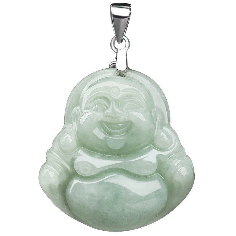 Buddha Stones Laughing Buddha Jade Blessing Titanium Steel Chain Necklace Pendant - image 7