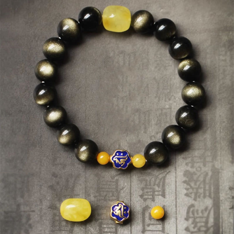 Buddha Stones 925 Sterling Silver Chinese Zodiac Natal Buddha Natural Gold Sheen Obsidian Amber Wealth Protection Bracelet - image 6
