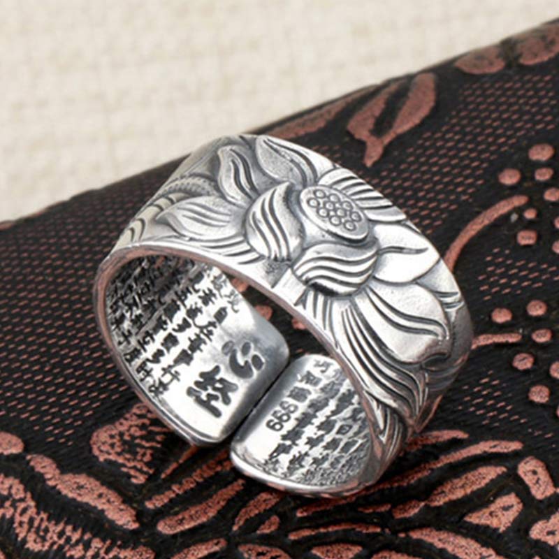 999 Sterling Silver Lotus Symbol Heart Sutra Protection Ring - image 2