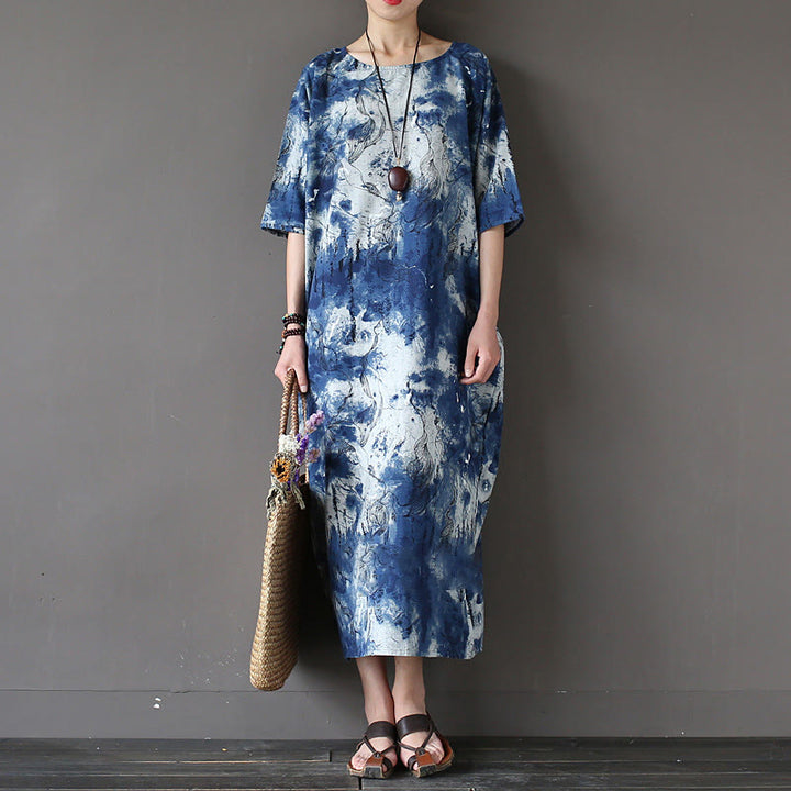 Buddha Stones Ink Tie Dye Midi Dress Three Quarter Sleeve Cotton Linen Dress With Pockets