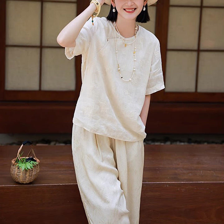 Buddha Stones Ramie Linen Loose Blouse Short Sleeve Shirt Chinese Style Top