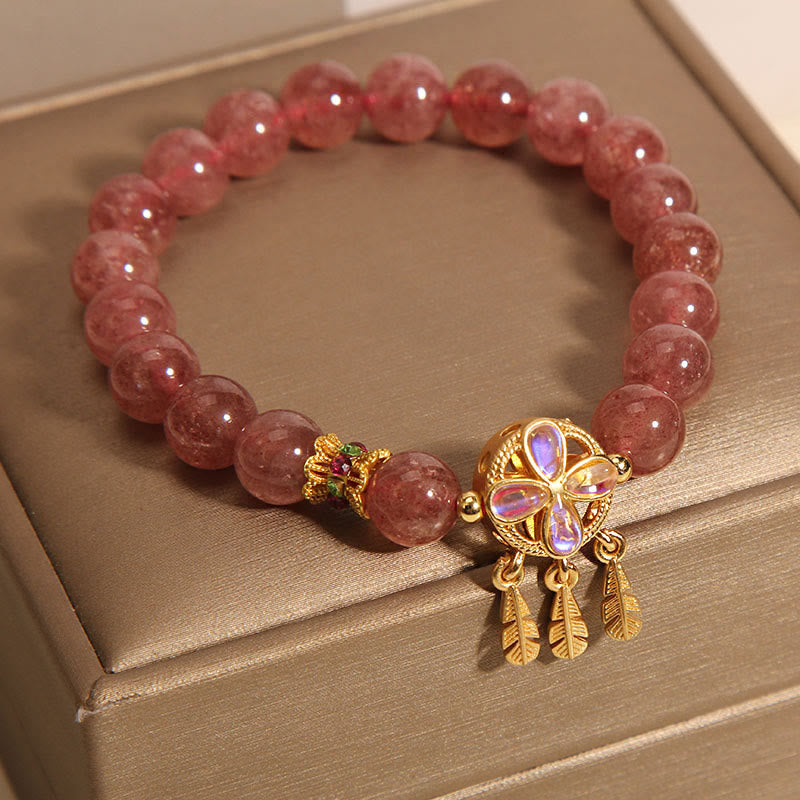 Buddha Stones Natural Strawberry Quartz Four Leaf Clover Dreamcatcher Charm Love Bracelet