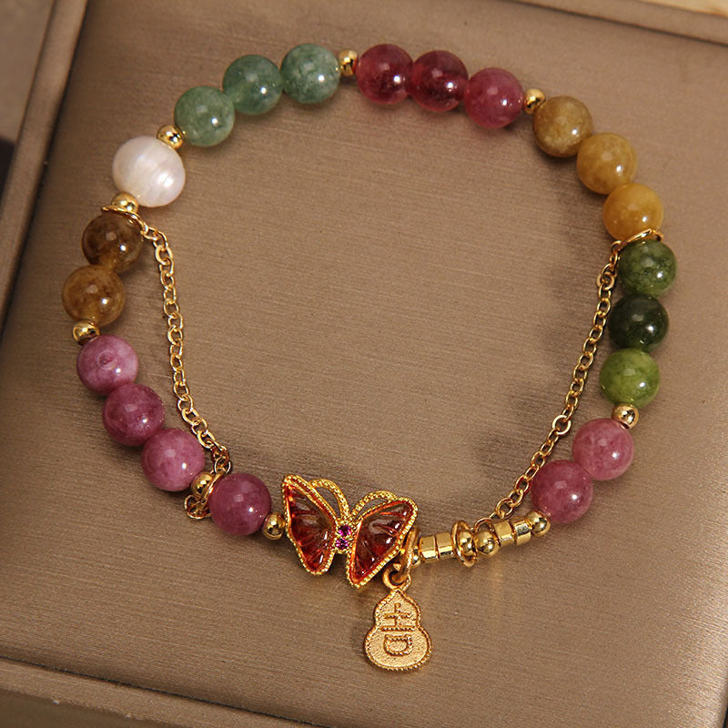 Buddha Stones Natural Colorful Tourmaline Butterfly Auspicious Character Gourd Charm Positive Bracelet