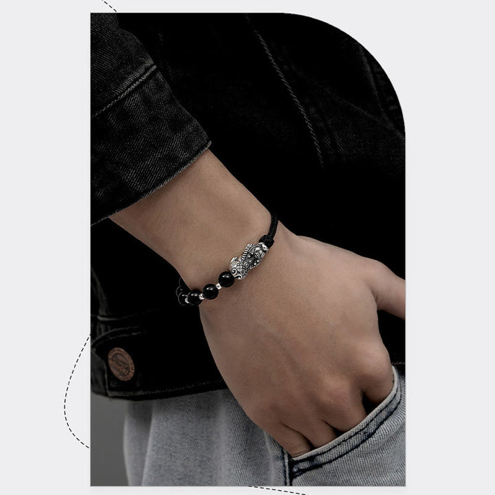 Buddha Stones 999 Sterling Silver FengShui PiXiu Natural Black Obsidian 925 Sterling Silver Bead Strength Bracelet - image 6
