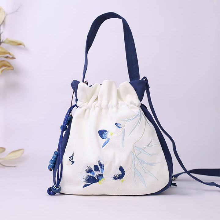 Buddha Stones Embroidered Butterfly Lotus Magnolia Cotton Linen Tote Crossbody Bag Shoulder Bag Handbag