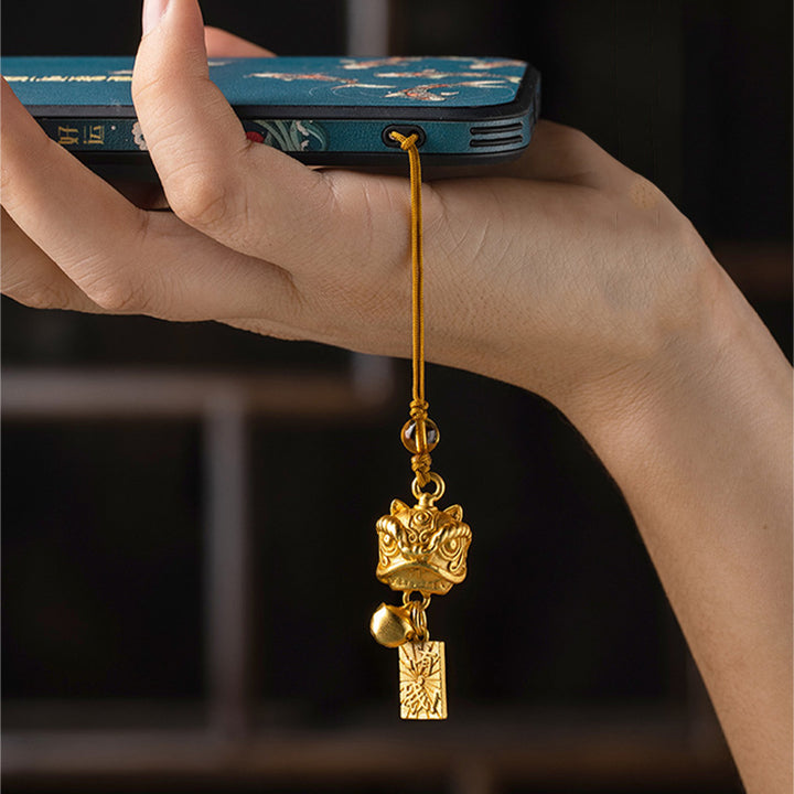 Buddha Stones Dancing Lion Auspicious Ruyi Safe Peace Rich Copper Wealth Phone Hanging Decoration