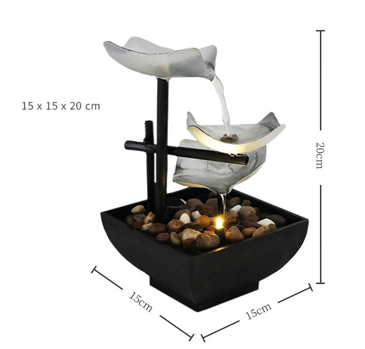 Three Layers Waterfall Fountain Tabletop Lotus Ornaments With River Rocks Desktop Decoration