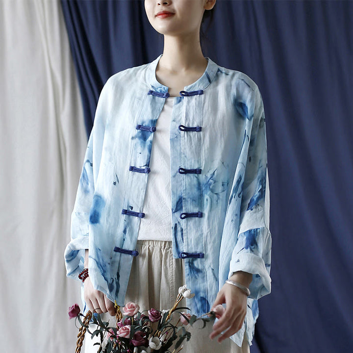 Buddha Stones Tie Dye Blue Flowers Frog-Button Design Long Sleeve Ramie Linen Jacket Shirt