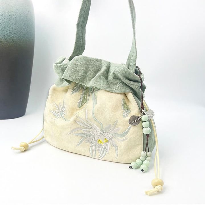 Buddha Stones Suzhou Embroidery Lotus Epiphyllum Magnolia Cotton Linen Tote Crossbody Bag Shoulder Bag Handbag