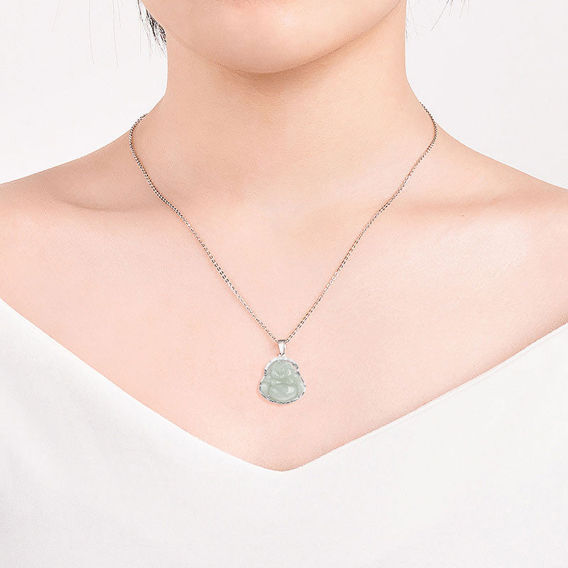 Buddha Stones '925 Sterling Silver Laughing Buddha Jade Luck Calm Necklace Chain Pendant - image 3