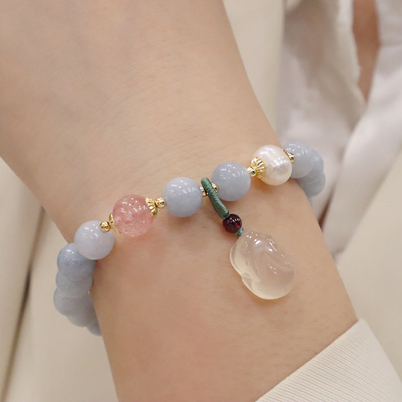 Buddha Stones Natural Aquamarine Chalcedony Serenity Rabbit Gourd Cat Charm Bracelet - Aquamarine Chalcedony Rabbit - image 2