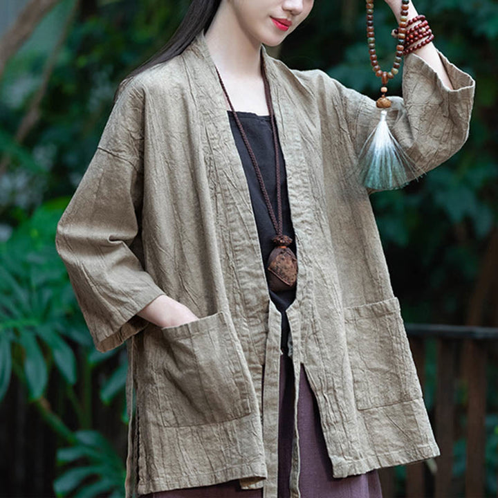 Buddha Stones Hanfu Design Three Quarter Sleeve Ramie Linen Coat Open Front Top Jacket