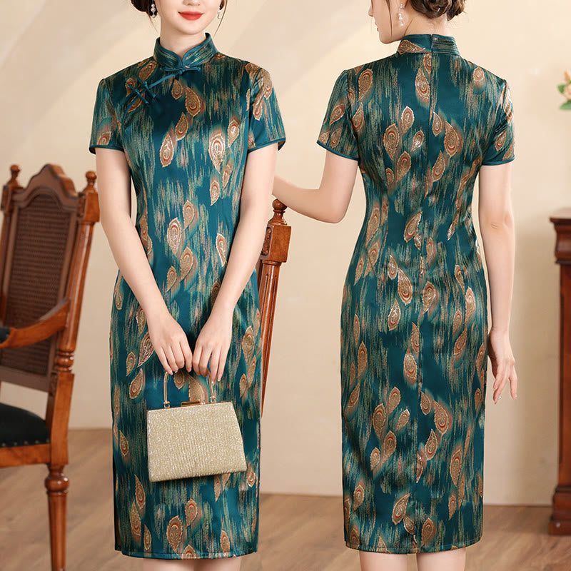 Buddha Stones Retro Flower Lotus Peony Feather Print Qipao Dress Women's Cheongsam Dress - Green Feather - US16，UK/AU20，EU48 (5XL) - image 19