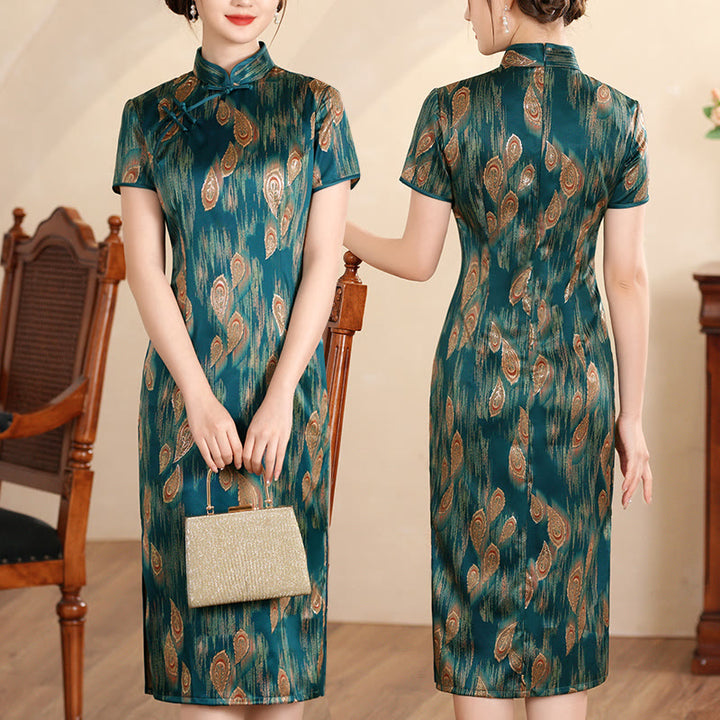 Buddha Stones Retro Flower Lotus Peony Feather Print Qipao Dress Women's Cheongsam Dress - Green Feather - US16，UK/AU20，EU48 (5XL) - image 19