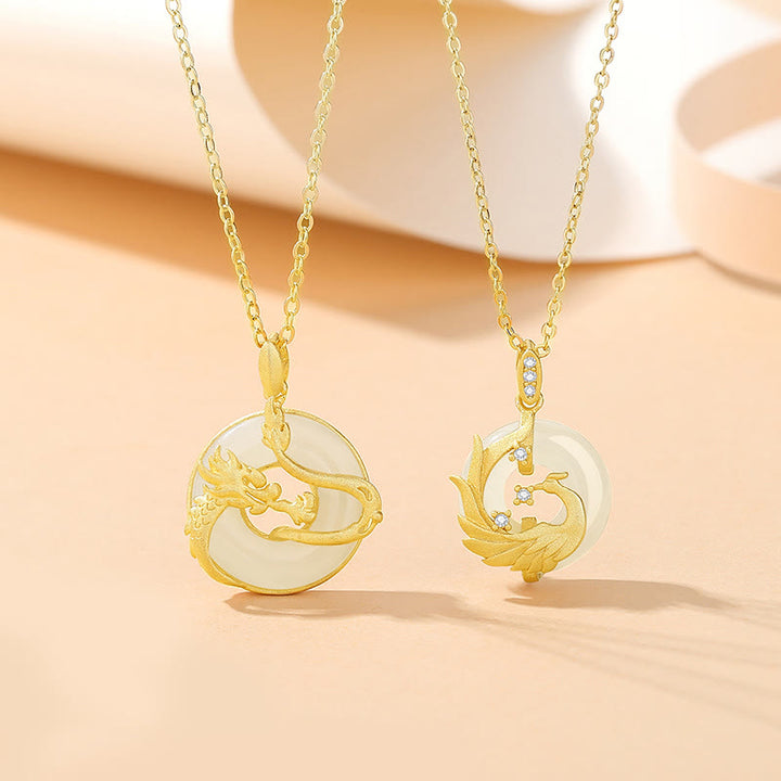 ❗❗❗A Flash Sale- Buddha Stones 925 Sterling Silver Year of the Dragon Hetian Jade Golden Dragon Phoenix Peace Buckle Luck Necklace Pendant - image 0