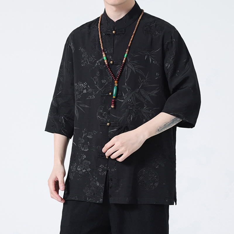 Buddha Stones Peach Blossom Bamboo Leaves Frog-button Chinese Half Sleeve Shirt Men T-shirt