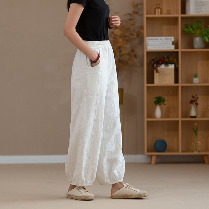 Buddha Stones Ramie Linen Flexible Waistband Yoga Harem Pants With Pockets