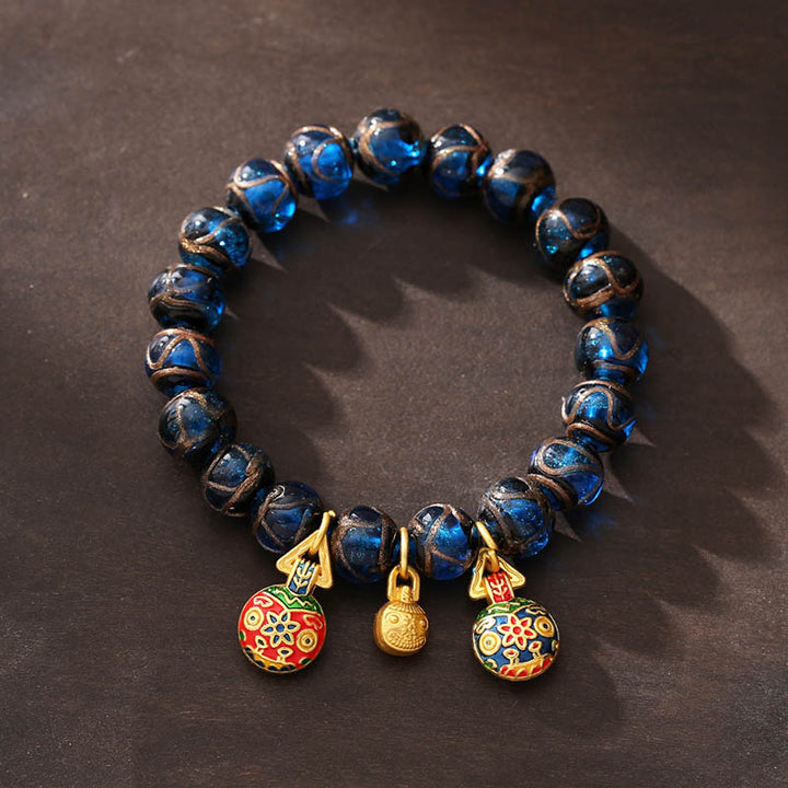 Buddha Stones Gold Swallowing Beast Luck Charm Blue Liuli Glass Bead Fortune Bracelet