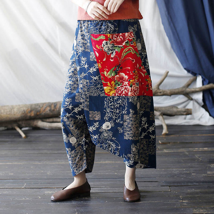 Buddha Stones Red Peony Blue Bamboo Chrysanthemum Patchwork Cotton Linen Harem Pants With Pockets