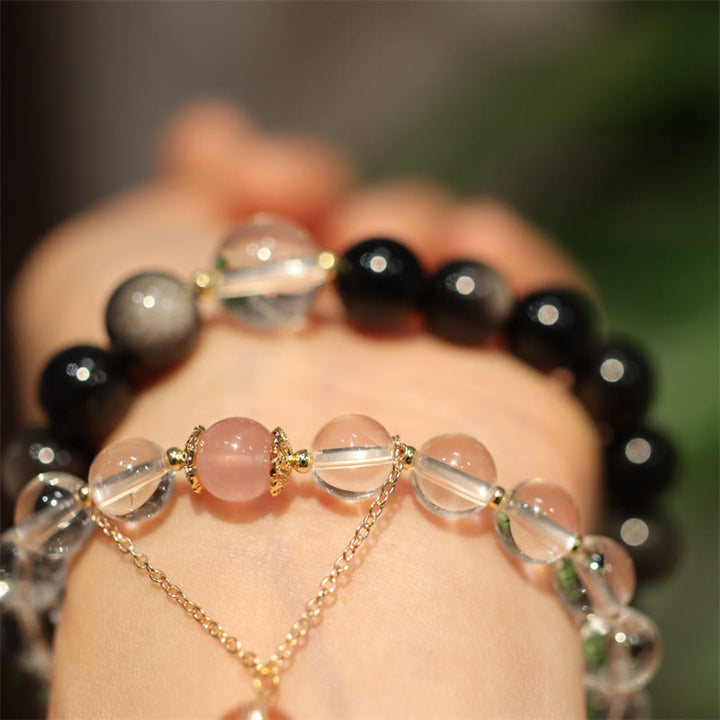 Natural Silver Sheen Obsidian Pink Crystal White Crystal Protection Yin Yang Color Couple Bracelet - image 6